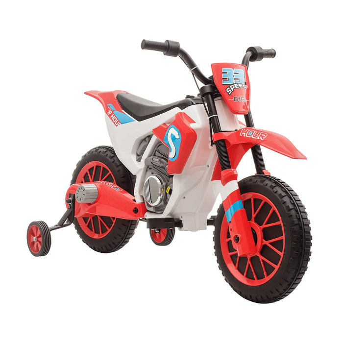 Red and white 12V kids' electric ride-on motorbike with training wheels and sporty decals
