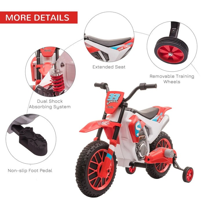 Red 12V kids electric ride-on motorbike with training wheels, dual shock absorbers, non-slip pedals