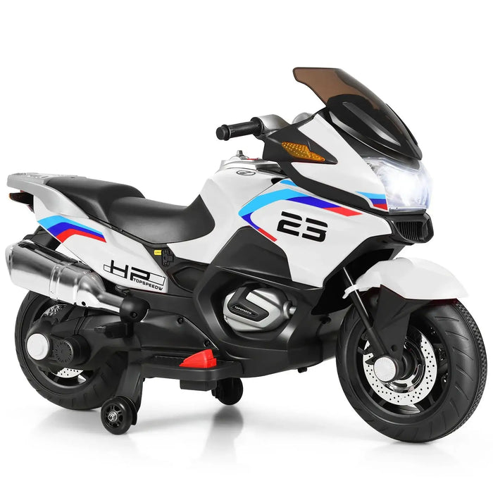12V Kids Electric Ride-On Motorcycle – White | Training Wheels and USB Input COSTWAY - Little and Giant Explorers Costway