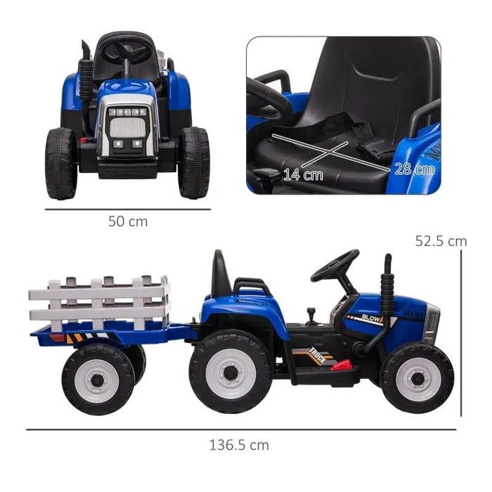 Blue 12V kids electric ride-on tractor with detachable trailer, seat belt, and size dimensions shown