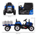 Blue 12V kids electric ride-on tractor with detachable trailer, seat belt, and size dimensions shown