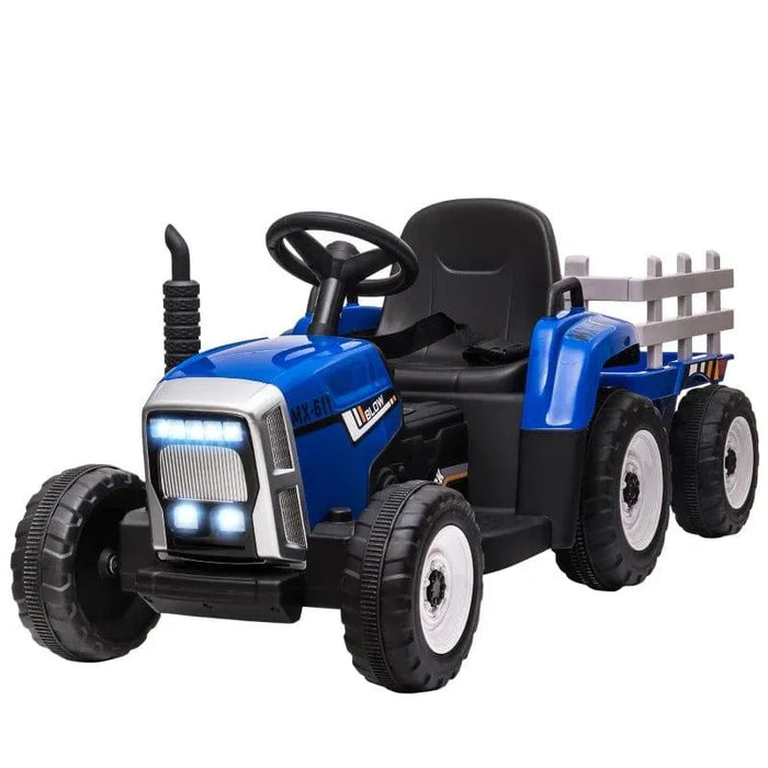 12V kids electric ride-on blue tractor with detachable trailer and LED headlights