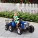 Child riding blue 12V electric toy tractor with trailer outdoors on paved path