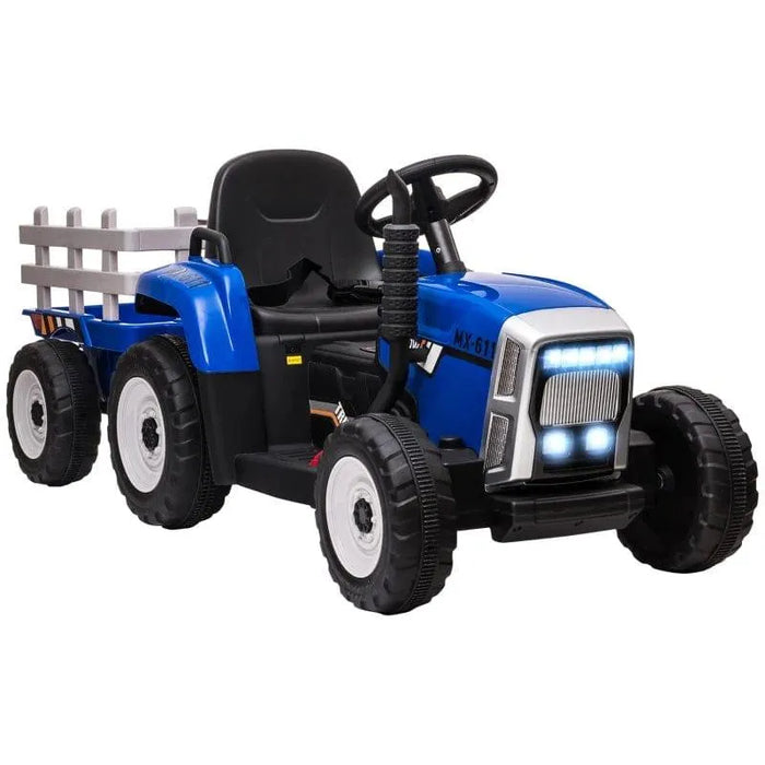 12V kids electric ride-on blue tractor with detachable trailer and working headlights