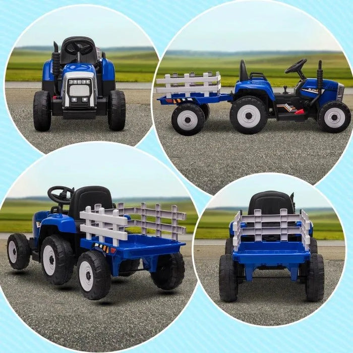 12V blue kids electric ride-on tractor with detachable trailer, dual control, outdoors