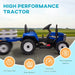 Blue 12V kids electric ride on tractor with detachable trailer, shown on a road, featuring dual motors and rechargeable battery, for children ages 3-6.