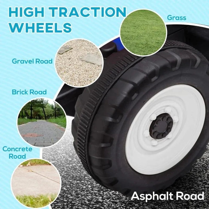 Close-up of kids' electric ride-on tractor high-traction wheel with multiple terrain types