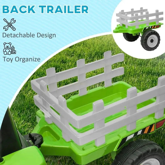 Green kids electric ride-on tractor trailer with detachable toy organizer on grass