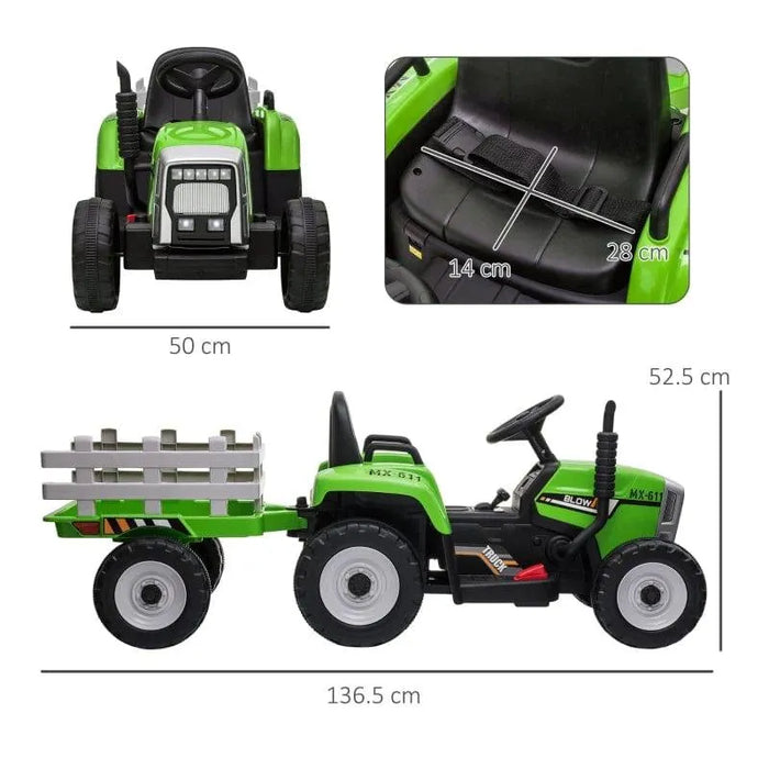 Green 12V kids electric ride-on tractor with detachable trailer, shown with seat and size dimensions.