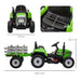 Green 12V kids electric ride-on tractor with detachable trailer, shown with seat and size dimensions.