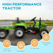 Green kids 12V electric ride-on tractor with detachable trailer, shown on a road with feature icons.