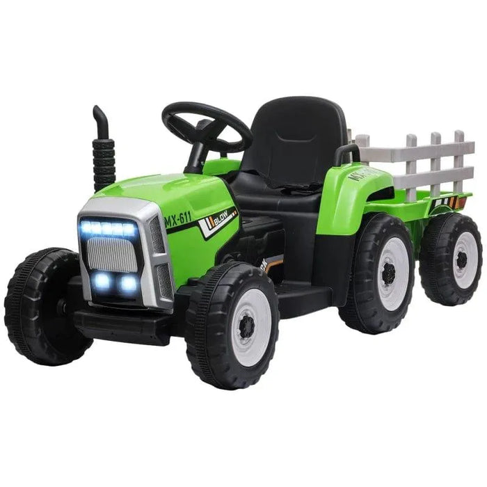 Green 12v kids electric ride-on tractor with detachable trailer and black seat