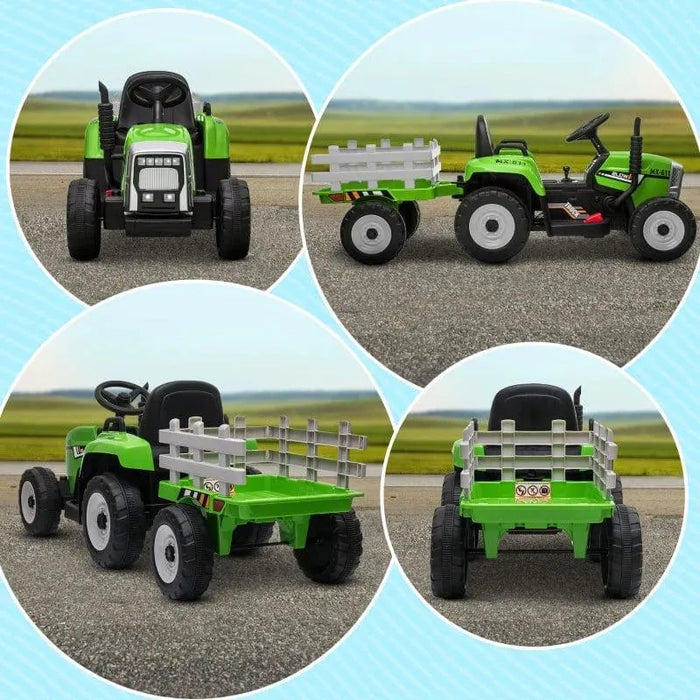 Green 12V kids electric ride-on tractor with detachable trailer, dual control, and music.