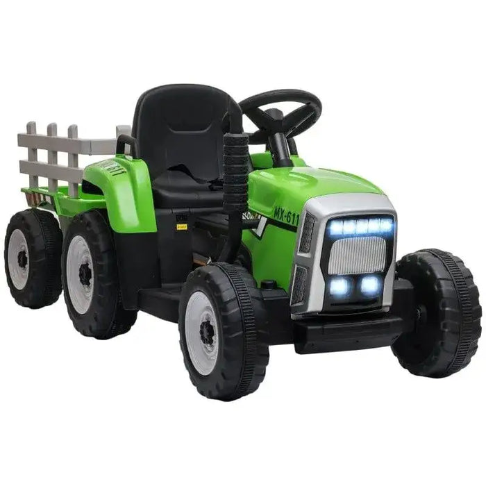 Green kids electric ride-on tractor with detachable trailer and working headlights