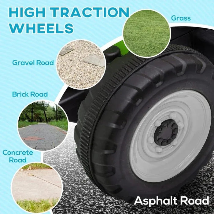 Close-up of high traction wheel on kids’ electric ride-on tractor, shown for grass, gravel, brick, concrete, and asphalt road surfaces.