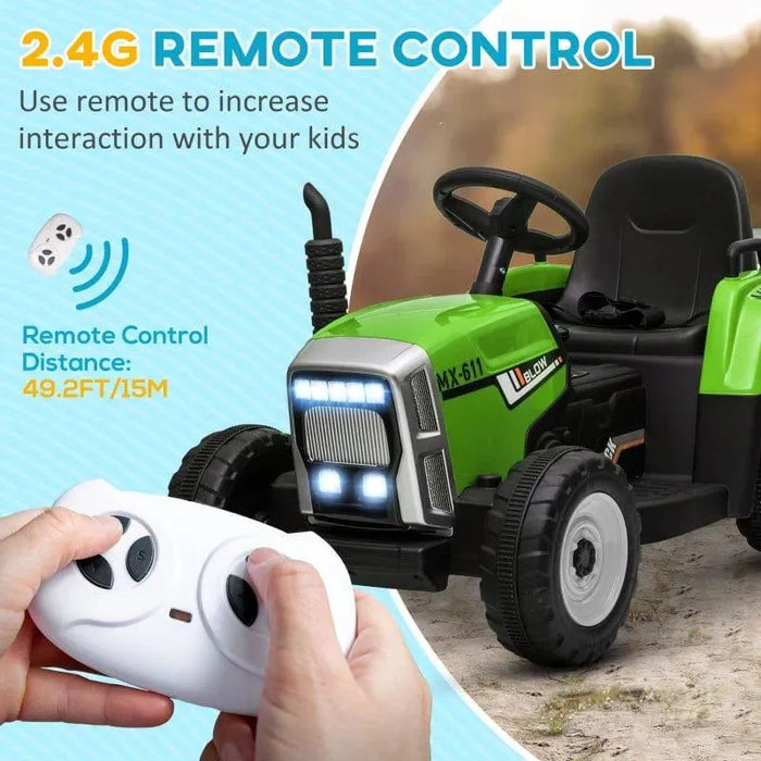 12V kids electric ride-on green tractor with remote control and LED headlights outdoors