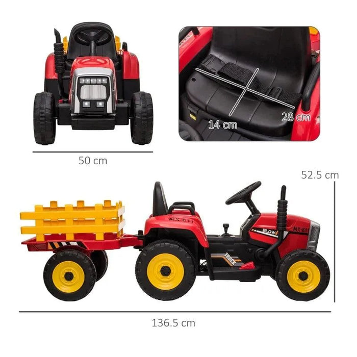Red kids electric ride-on tractor with detachable yellow trailer, seatbelt, and size dimensions.