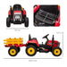 Red kids electric ride-on tractor with detachable yellow trailer, seatbelt, and size dimensions.
