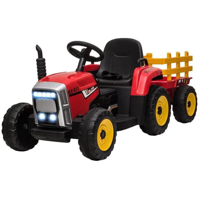 12V kids electric ride-on red tractor with detachable yellow trailer and LED lights