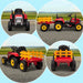 Red 12V kids electric ride-on tractor with detachable yellow trailer shown outdoors