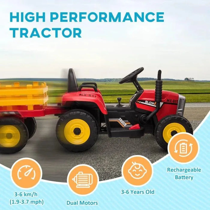 Red 12V kids electric ride-on tractor with detachable yellow trailer on rural road