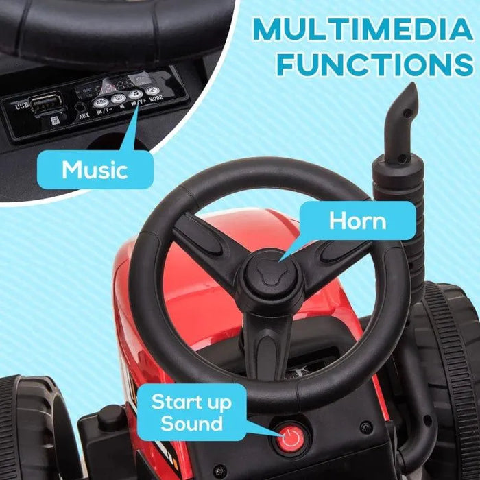Kids' 12V electric red ride-on tractor steering wheel with music, horn, and startup sound controls