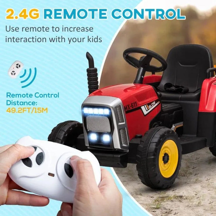 Red 12V kids electric ride-on tractor with remote control and LED headlights outdoors