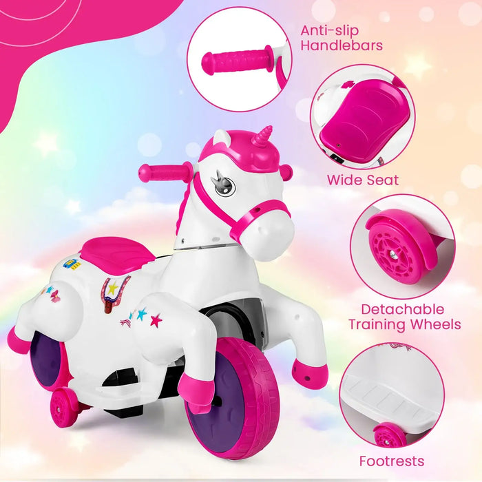 12V Kids Electric Ride-On Unicorn Pony – Rose | Galloping Horse Mode and Music COSTWAY - Little and Giant Explorers Costway