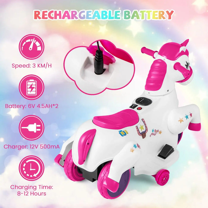 12V Kids Electric Ride-On Unicorn Pony – Rose | Galloping Horse Mode and Music COSTWAY - Little and Giant Explorers Costway