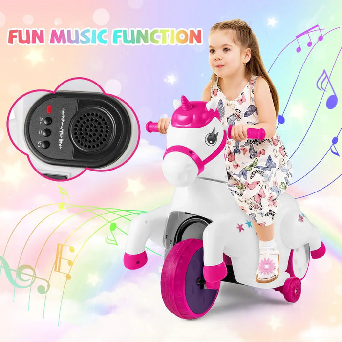 12V Kids Electric Ride-On Unicorn Pony – Rose | Galloping Horse Mode and Music COSTWAY - Little and Giant Explorers Costway
