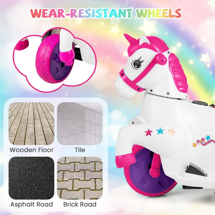 12V Kids Electric Ride-On Unicorn Pony – Rose | Galloping Horse Mode and Music COSTWAY - Little and Giant Explorers Costway
