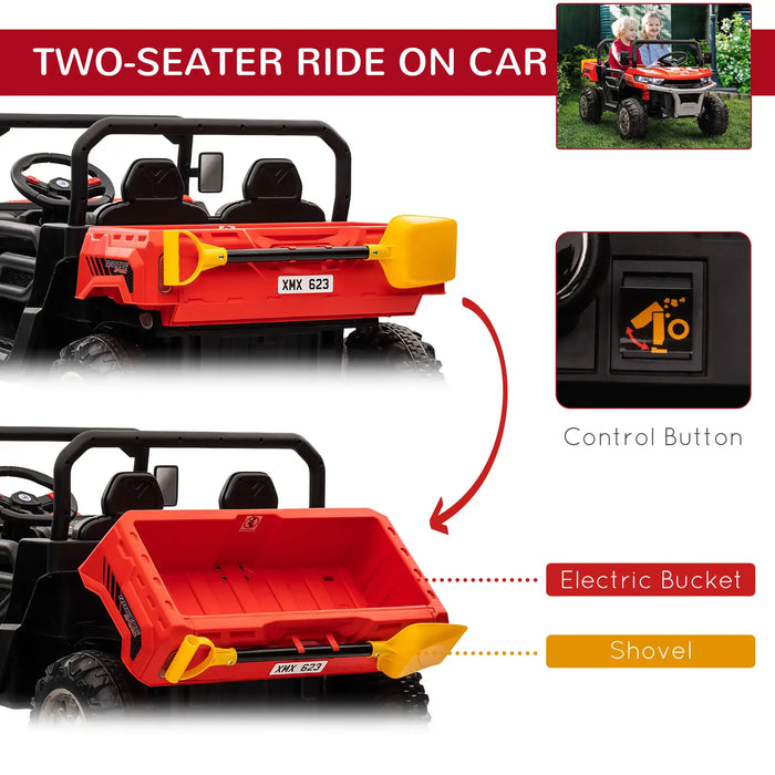 Red 12V kids electric ride-on UTV with two seats, electric bucket, shovel, and control button