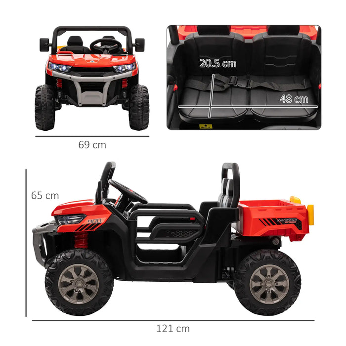 Red 12V kids electric ride-on UTV with dimensions and black bucket seats, side view