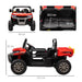 Red 12V kids electric ride-on UTV with dimensions and black bucket seats, side view