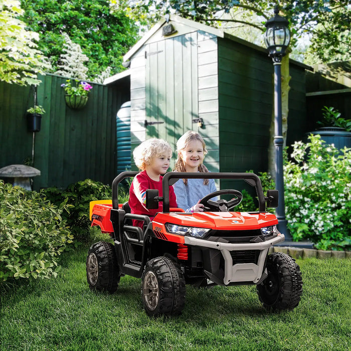 Two kids riding red 12V electric UTV toy car with music system in a backyard garden