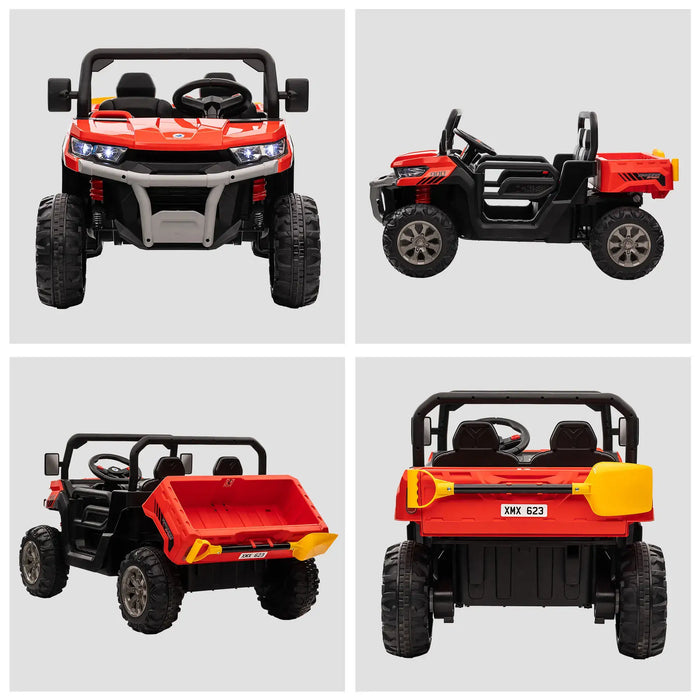 Red 12V kids electric ride-on UTV with electronic bucket and music system, shown from four angles.