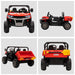 Red 12V kids electric ride-on UTV with electronic bucket and music system, shown from four angles.