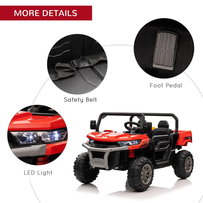 Red 12V kids electric ride-on UTV with LED lights, safety belt, and foot pedal features.