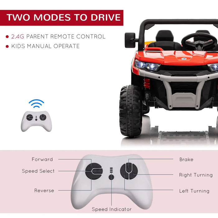Red 12V kids electric ride-on UTV with remote control and driving mode guide