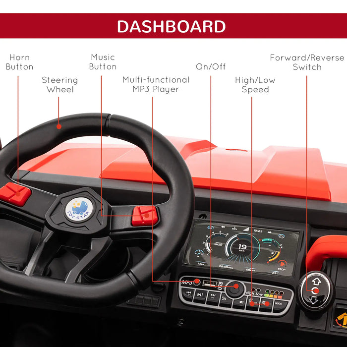 12V kids electric ride-on UTV dashboard with steering wheel, MP3 player, and control buttons
