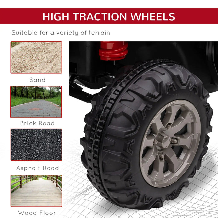 High traction black wheel of 12V kids electric ride-on UTV, suitable for sand, brick, asphalt, wood.