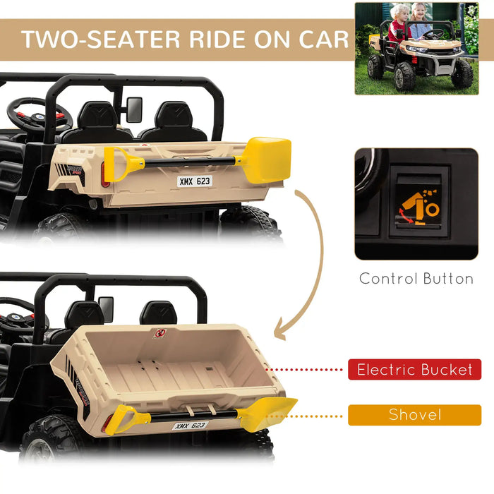 Yellow 12V kids electric ride-on UTV with electronic bucket, control button, shovel, and music system.