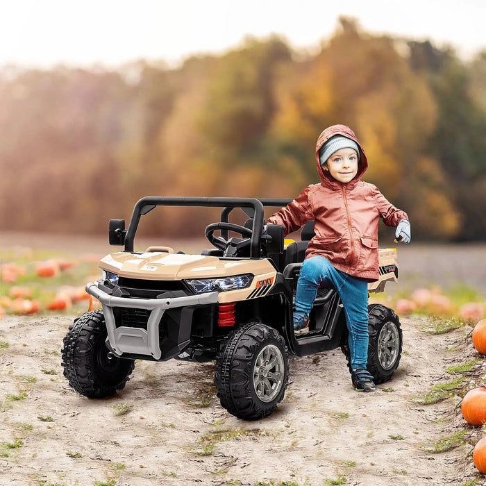 Child with hooded jacket standing on yellow 12V kids electric ride-on UTV outdoors in pumpkin patch