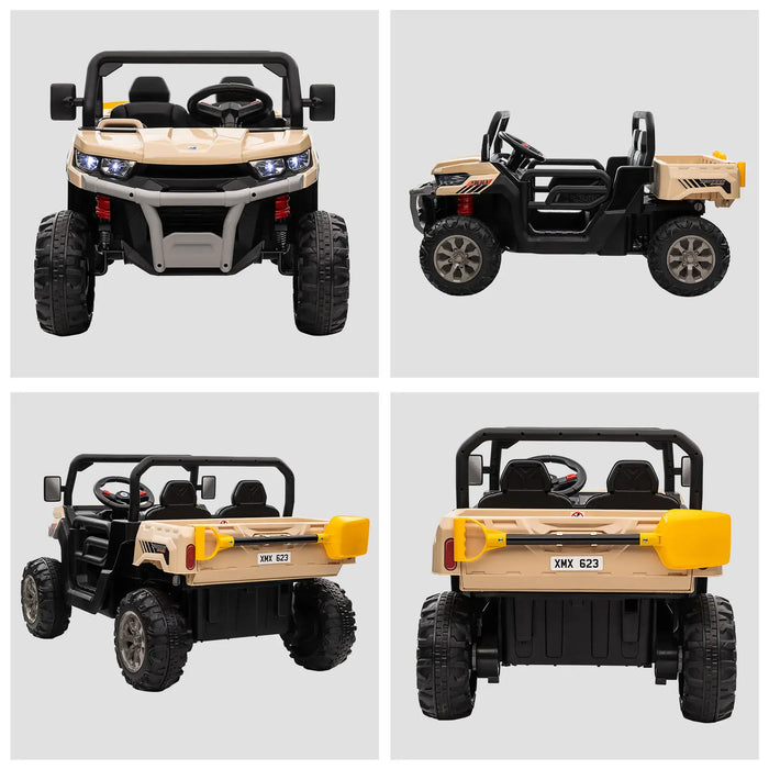 12V kids electric yellow ride-on UTV with music system and electronic bucket, multiple angles