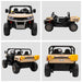 12V kids electric yellow ride-on UTV with music system and electronic bucket, multiple angles