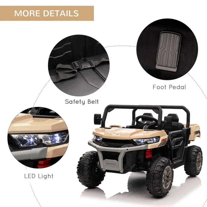 12V yellow kids ride-on UTV with LED lights, safety belt, and foot pedal details