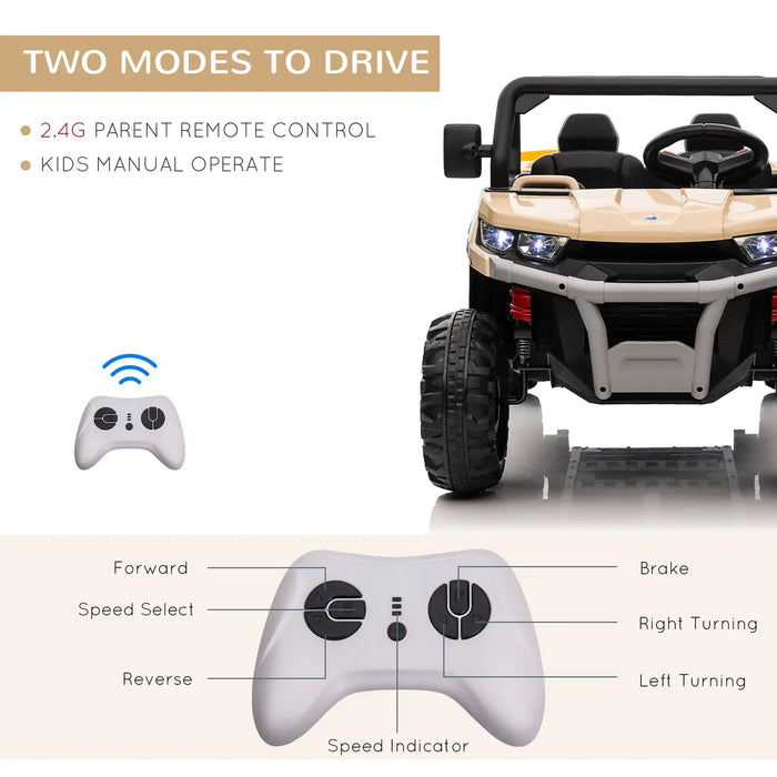 Yellow 12V kids electric ride-on UTV with remote control and manual drive modes display.