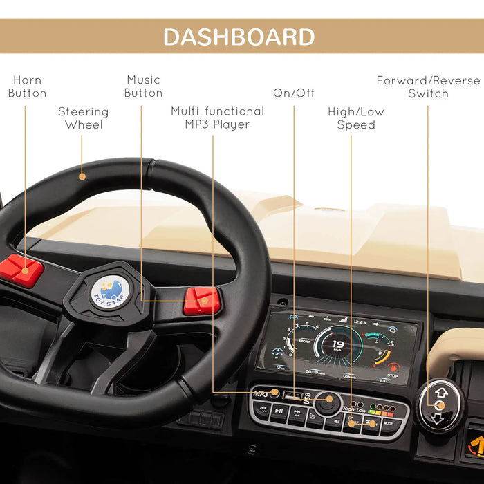 12V kids electric ride-on UTV dashboard with steering wheel, MP3 player, switches, labeled controls