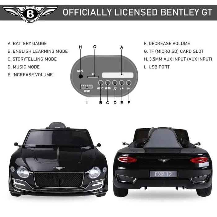 Black 12V kids Bentley GT electric ride-on car shown front and rear with control panel diagram.