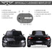 Black 12V kids Bentley GT electric ride-on car shown front and rear with control panel diagram.